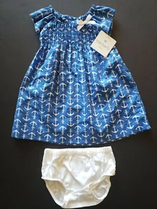 NWT 2 Piece Carter's 9 Mths Blue/White Anchors Dress Smocking Bow Diaper Cover - Picture 1 of 12