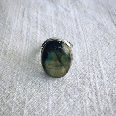 Cristal Labradorita Natural - Anillo - Chapado en Plata de Ley 925 - Talla US 7.5 Foto 1 de 2
