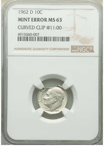 ER076 1962-D 10C Roosevelt Dime -- Curved Clip @11:00 NGC MS63 - Picture 1 of 2