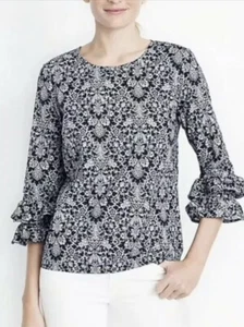J Crew Womens Size 0 Blue Floral Double Ruffle 3/4 Sleeve Top C23 - Picture 1 of 8