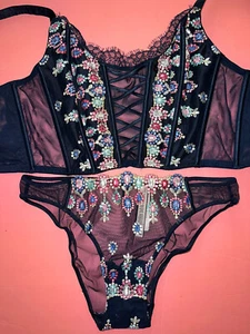 Victoria's Secret 36C/D L CORSET BRA TOP SET Panty navy BLUE Bejeweled EMBROIDER - Picture 1 of 4