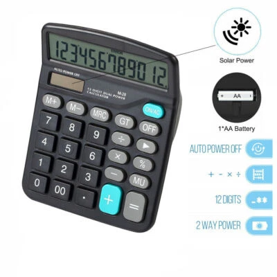 Solar Battery Desktop Calculator Basic 12-Digit Large Display Office Business - Image 1 of 4