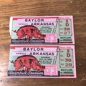 Vintage 1950’s Arkansas Razorback Ticket Stubs Arkansas Vs Baylor 10/14/1950 - Picture 1 of 8