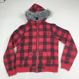 Stussy Womens Fleece Jacket Size 10AU Hoodie Zip up Red Check Long Sleeve - Picture 1 of 14