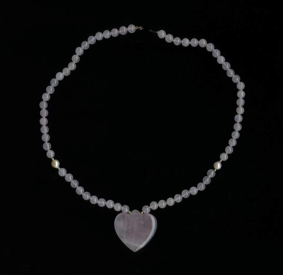 Collar de corazón de cuarzo rosa rosa oro amarillo macizo 14K 32,1 gramos 17,5" -MD Foto 1 de 1