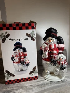Vintage Mercury Glass Christmas Snowman Snowmen Decor 18" with Wood Base - Picture 1 of 8