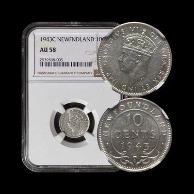 CANADA. 1943, 10 Cents, Silver, C - NGC AU58 - KGVI, Newfoundland - Image 1 of 4