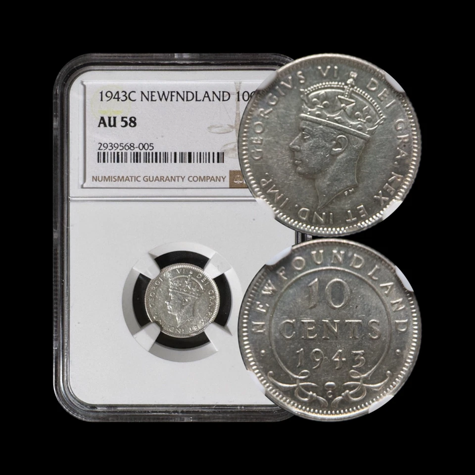 CANADA. 1943, 10 Cents, Silver, C - NGC AU58 - KGVI, Newfoundland - Image 1 of 4