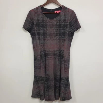Betsey Johnson Womens Short Sleeve Plaid Knit Dress Size 12 Gray Event Occasion - Image 1 of 4