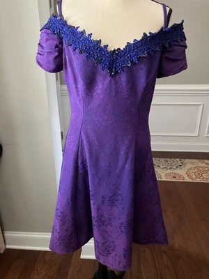 Vintage 1980's Zum Zum Party Dress Purple Jacquard Lace/Sequin Trim Sz 13 - Image 1 of 4