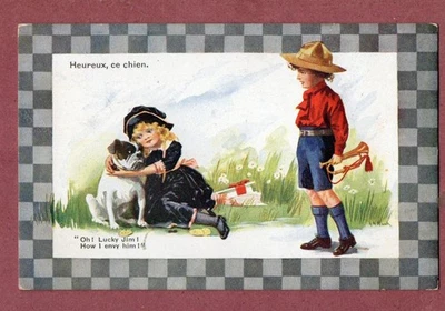 Boy Scouts Scouting comic postcard Scout Bugler & Girl with Dog  #503 - Image 1 of 2
