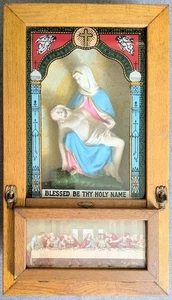 🙏🏾Vintage Katholische Pieta Schattenkasten Altar Krankenruf Letzte Rechte Eiche 13x23" - Bild 1 von 13