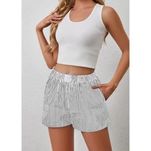 Womens Lounge Shorts Striped Print Elastic Waist Boxer With Pockets LARGE - Picture 1 of 5