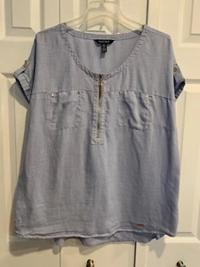 Ellen Tracy blue linen top, zipper close Sz XL short sleeves pockets lagenlook - Picture 1 of 11