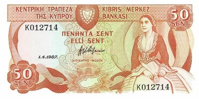 Cyprus  50  Cents  1.4.1987  Series  K  Uncirculated Banknote RRF - Image 1 of 2