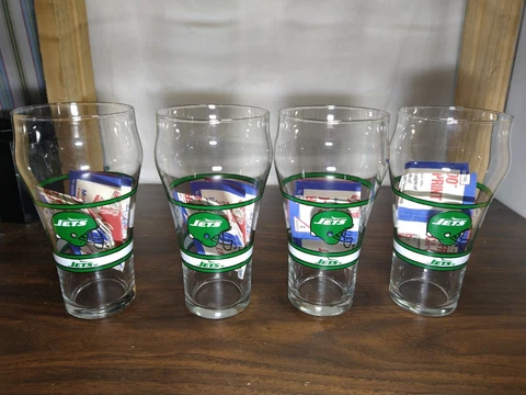Set 4 New York Jets Soda Fountain Vintage Glass Coca Cola 1980s Retro NFL 12 oz Cover