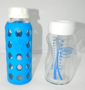 Life Factory & Dr. Brown's 8-9 Ounce Glass Baby Bottles 1 W Blue Silicone Sleeve - Picture 1 of 9