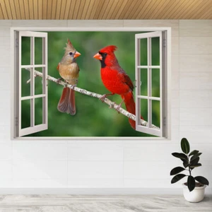 Birds Cardinals Parrots Branch 3d Window View Wall Sticker Poster Decal A863 - Picture 1 of 2