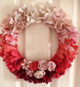 Ombré Rag Wreath In Pinks With Handmade Flowers. 35x35. Gift Boxed - Picture 1 of 10