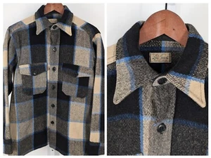LL Bean Cursive Logo Vtg 50s Heavy Duty Flannel Jacket Shirt Plaid Blue USA M - Picture 1 of 7