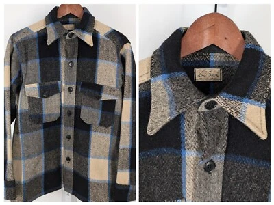 LL Bean Logo Cursivo De Colección Años 50 Resistente Franela Chaqueta Camisa A Cuadros Azul EE. UU. M Foto 1 de 4