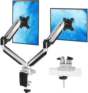 Dual Monitor Desk Mount, Polished Aluminium Adjustable Gas Spring Sand Up To 32" - Picture 1 of 8
