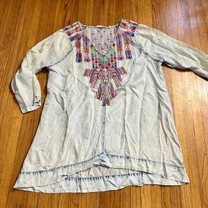 Soft Surroundings Shirt Womens XL Work of Art Embroidered Blue Popover Blouse - Picture 1 of 8