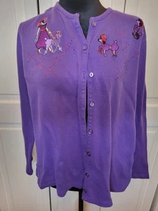 Lila/rote Dame mit Pudel bestickte Strickjacke M Strass Glam extravagant - Bild 1 von 9