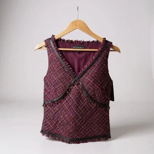 Vintage Lafayette 148 Tweed Tank Top Gr. 4 Burgund Wolle Leder Büro Karriere Fransen - Bild 1 von 11