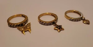 3x Kirks Folly Goldtone Crystal Dangling Heart Star Butterfly Rings Size 6 Set - Picture 1 of 6