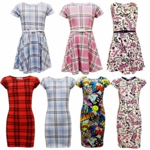 KIDS GIRLS TARTAN AZTEC FLORAL BODYCON MIDI & SKATER DRESS 7 8 9 10 11 12 13 Yr - Picture 1 of 26