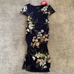 Isabel Maternity Dress Womens Size XS Navy Blue Floral Print Side Ruched - Picture 1 of 6