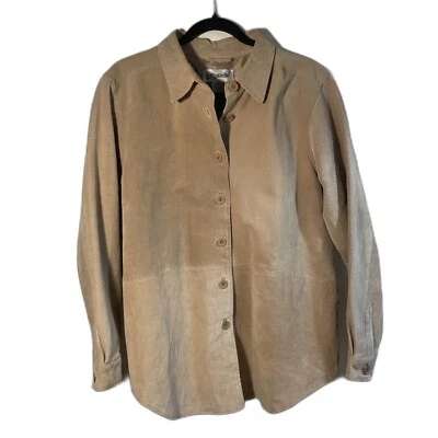 Vintage 90’s Bagatelle Women's Beige Suede 100% Leather Jacket Shirt Large - Image 1 of 4