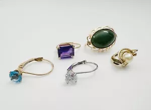 5 SINGLE - 10K 14K Gold Amethyst, Jade, Topaz, CZ, Pearl Leverback Earrings 3.8g - Picture 1 of 16
