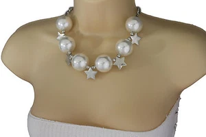 Collana donna corta moda multi argento stelle ciondolo classico panna sfere perline - Foto 1 di 6