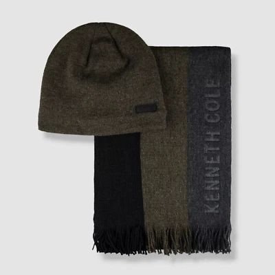 $54 Kenneth Cole Reaction Para hombres Conjunto de Bufanda y Gorro a Rayas Verdes Logo OS Foto 1 de 4