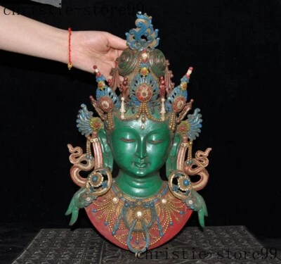 Máscara Cabeza Buda Diosa Guanyin Tara Kwan-yin pintada de bronce del Tíbet raro Foto 1 de 4