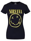 Nirvana T-shirt Yellow Smiley Navy Blue Women's Black