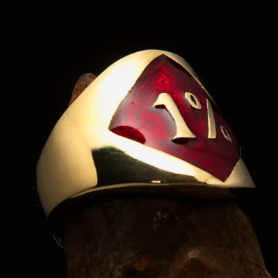 ROUND MENS BRASS BIKER RING ONE PERCENTER 1% OUTLAW SYMBOL RED SIZE 9.5 - Image 1 of 4