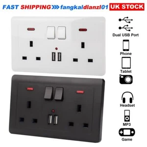 UK STOCK Double Wall Plug Socket 2Gang 13A with 2 USB Charger Port Outlets Plate - Picture 1 of 14