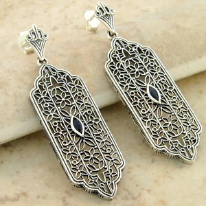 GENUINE SAPPHIRE 925 STERLING SILVER ART DECO STYLE FILIGREE EARRINGS 980X - Picture 1 of 1