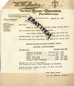 1917 Letterhead W. H. BAKER Atlanta Georgia CIOCCOLATO CACAO George W Roberts - Foto 1 di 1