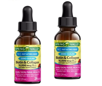 Spring Valley Biotin & Collagen Liquid, Natural Berry, 15000 Mcg 1 fl oz 2 Pack - Image 1 of 4