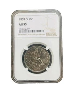 1859-O 50C NICE TONED COLOR Silver SEATED LIBERTY HALF Dollar NGC AU55 - Picture 1 of 2