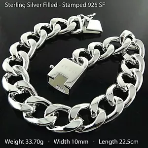 Men's Bracelet Real 925 Sterling Silver Filled Solid Curb Box Clasp 22.50cm - Picture 1 of 3