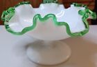 Vtg Fenton Bowl Green Crest Crimped Ruffled Compote White Milk Glass Candy Dish