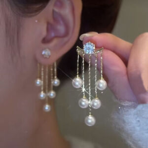 Fashion 925 Silver Tassels Earrings Women Pearl Wedding Engagement Jewelry Gifts