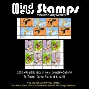 2001 49c & 98c Birds of Prey, Se-Tenant Pairs, Corner Blocks of 8, MNH STUNNING! - Picture 1 of 2