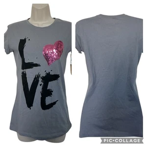 NWT L.O.L Vintage Gray Sequin Heart Love Cap Sleeve T Shirt Ladies M - Picture 1 of 9