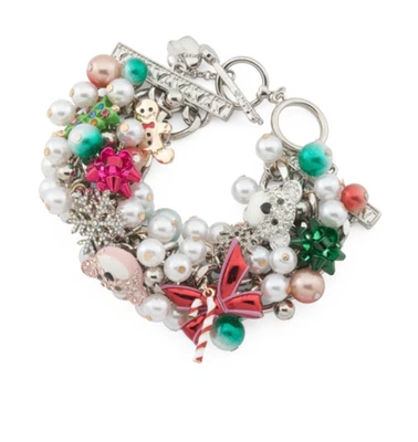 Betsey Johnson Baubles Bracelet Christmas Tree Candy Cane Faux Pearls Crystals - Image 1 of 4